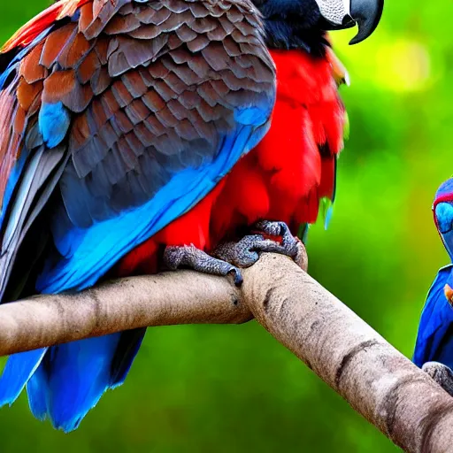 Prompt: Falcon and macaw parrot hybrid animal, realistic photo, taken in zoo,