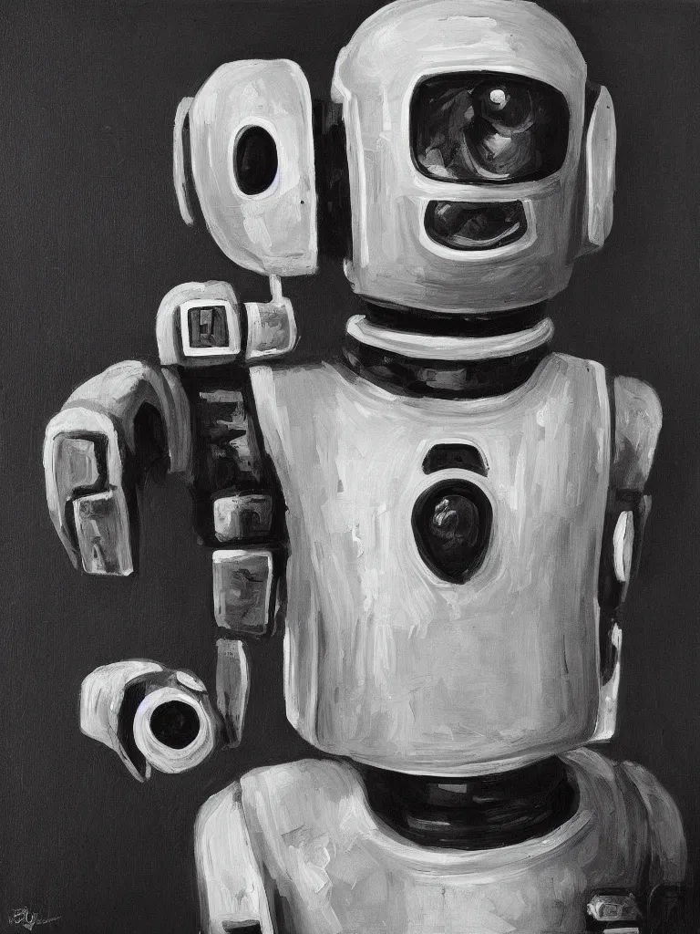 Image similar to “A perfectly centered beautiful black and white portrait oil painting of a retro-futuristic robot in Los Angeles”