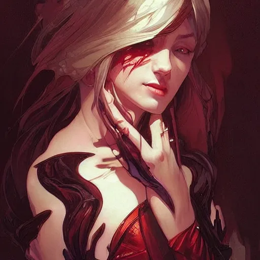 Image similar to digital character concept art by artgerm and greg rutkowski and alphonse mucha. clear portrait of vampire girl, blood dripping, light effect. hyper detailed, glowing lights!! intricate, elegant, digital painting, artstation, smooth, sharp focus