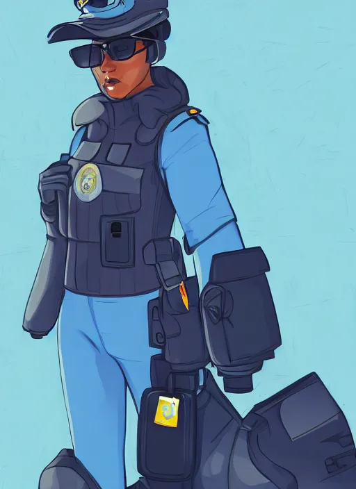 Prompt: A beautiful portrait commission of a female furry anthropomorphic anthro avian blue bird wearing a security guard uniform with a bullet proof vest. Cyberpunk city