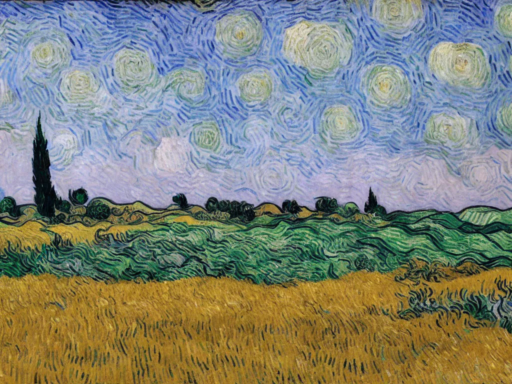 Image similar to wheat field with cypresses, by van gogh but in the style of tim burton, teal and pink