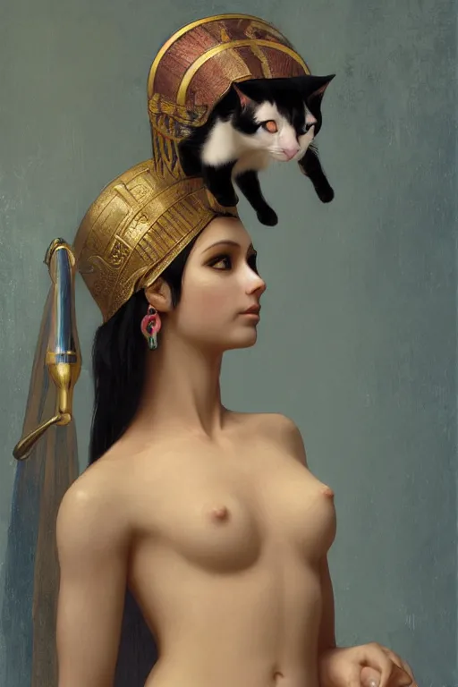 Image similar to portrait of the beautiful egyptian goddess, bastet, bast, woman's body with a cat's head, cat - headed, torchlight in an egyptian tomb, digital art by ruan jia and mandy jurgens and artgerm and william - adolphe bouguereau, highly detailed, soft ligt, trending on artstation, award winning,