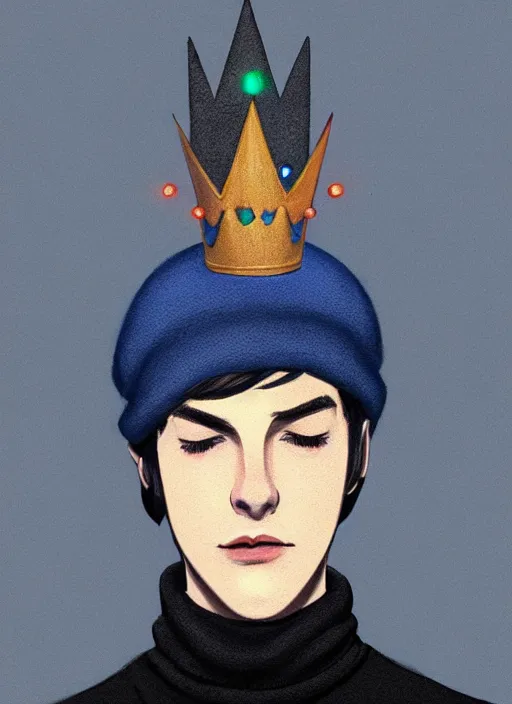 Image similar to portrait of teenage jughead jones wearing a light grey crown, crown, blue turtleneck, 1 9 5 0 s, closed eyes, photorealistic, black hair, glowing lighting, intricate, elegant, glowing lights, highly detailed, digital painting, artstation, concept art, smooth, sharp focus, illustration, art by wlop, mars ravelo and greg rutkowski