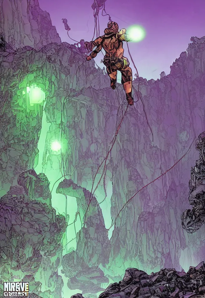 Image similar to A comic book cover of an android with glowing features and back to the camera, looking across a vast chasm and old rope bridge. On the mountain facing him is a crystal temple with a tower glowing in the fog, grand scale, stylized, purple and green