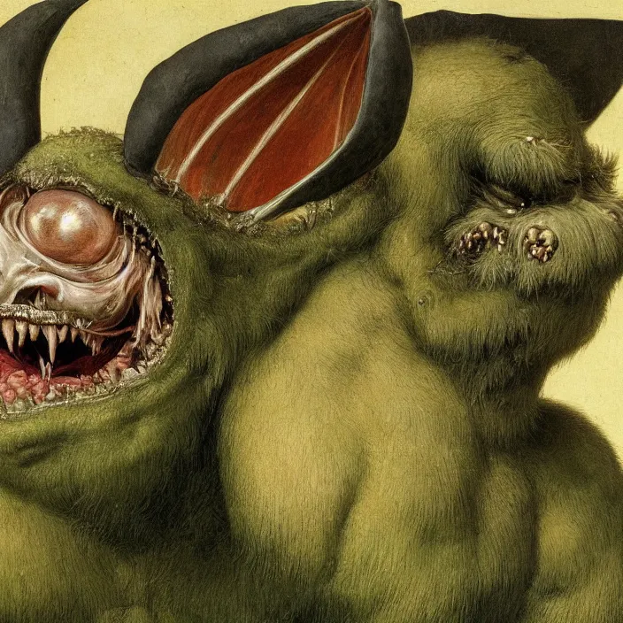 Prompt: close up portrait of a mutant monster creature with cheeks covered in purulent pustules, pimples at different stages, some fresh, some bursting with a whitish fluid ; pleasant, flirty green eyes, very large transparent bat ears. jan van eyck, walton ford