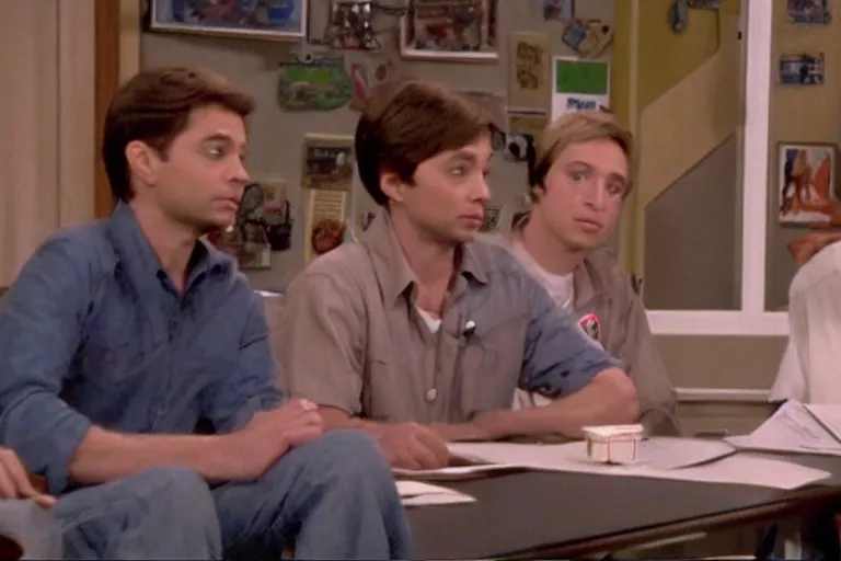 Image similar to topher grace in that 7 0 s show meeting tobey maguire and eminem, screencap, 4 k