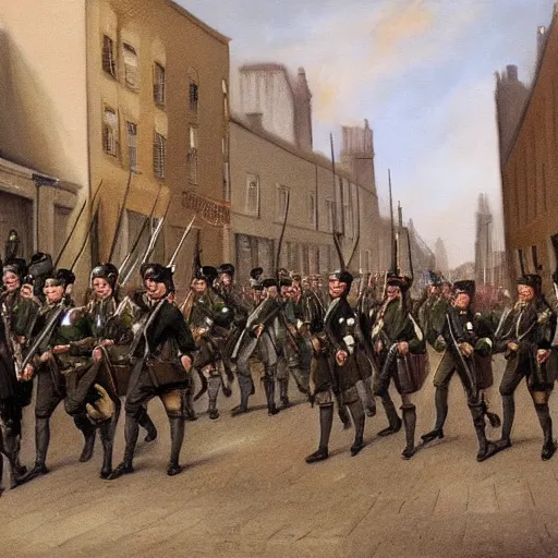 Image similar to painting of Irish rebel soldiers marching down a street in Dublin holding rifles, 4K detail