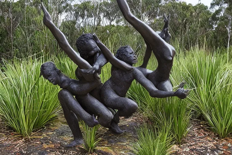 Image similar to “dramatic award-winning sculpture in an Australian wetlands, sculpture garden”