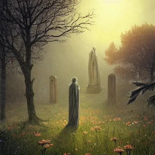 Image similar to The last spirit living in the cemetery, flowers, illustrated by Greg Rutkowski and Caspar David Friedrich