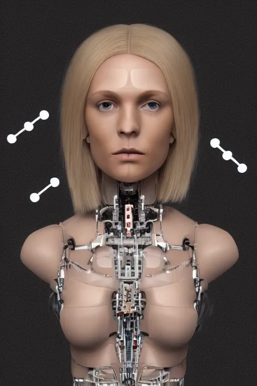 Image similar to robot with human face, female head, full body angle, woman human face, human face realistic, beautiful blonde hair, human head, human head with blonde hair, blonde hair human head, blonde hair, human realistic face, human head skin, cyborg frame concept, cyborg by ales-kotnik, sci-fi android female, the body is made of wires, robotic body, cyborg body, cyborg bust body, robot body cyborg, full body