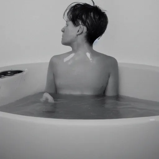 Prompt: a person bathing in 9 5 % ethanol, portrait photograph