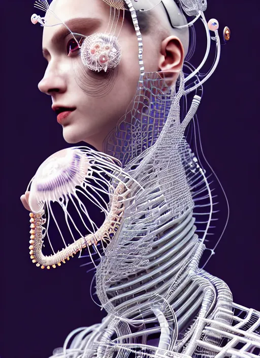 Prompt: portrait of an absurdly beautiful, graceful, sophisticated, fashionable cyberpunk mechanoid, hyperdetailed illustration by irakli nadar and alexandre ferra, intricate linework, white porcelain skin, faberge, coral and jellyfish headdress, octane render, gsociety, global illumination, radiant light, detailed and intricate environment