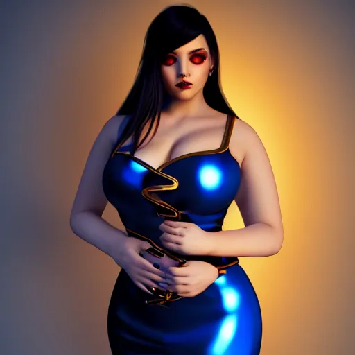 Image similar to curvy sublime feminine hot goth cutie with elegant blue-gold leather dress, checkered, cgsociety, photorealistic, sublime ambience, idealistic, 16k, smooth, sharp focus, trending on ArtStation, volumetric lighting, fully clothed, worksafe