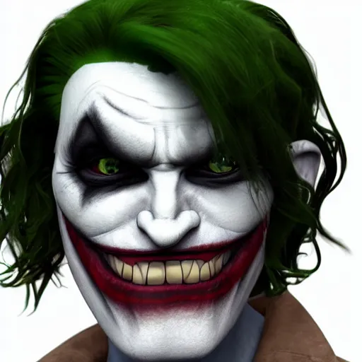 Image similar to octane render of a human version of the trollface meme with joker makeup and wearing a suede jacket and jeans, 8 k, very detailed, very intricate, white background,