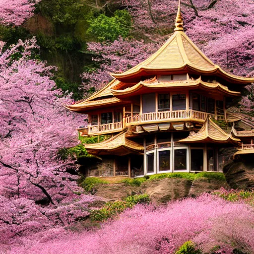 Prompt: fancy pagoda styled treehouse mansion on cliff overlooking terraced fields and pink cherry blossom trees, detailed luminescent painting 4 k