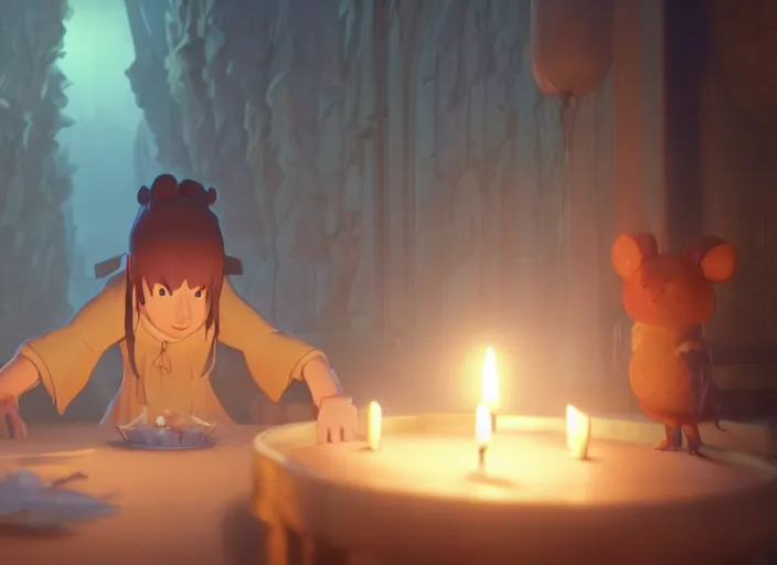 Image similar to a night ritual, being lit by candles, medium shot, studio ghibli, pixar and disney animation, sharp, rendered in unreal engine 5, anime key art by greg rutkowski, bloom, dramatic lighting