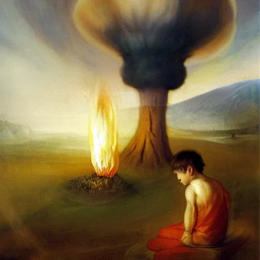 Prompt: a boy and a robot sitting and looking a nuclear explosion smoke mushroom from far away, artwork by jmw turner