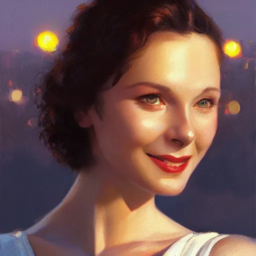 Prompt: closeup portrait of a young vivian leigh, bright smile, chiaroscuro, city background, golden hour, dramatic lighting, complementary contrast, high detail, painted by greg rutkowski, painted by igor kieryluk, trending on artstation