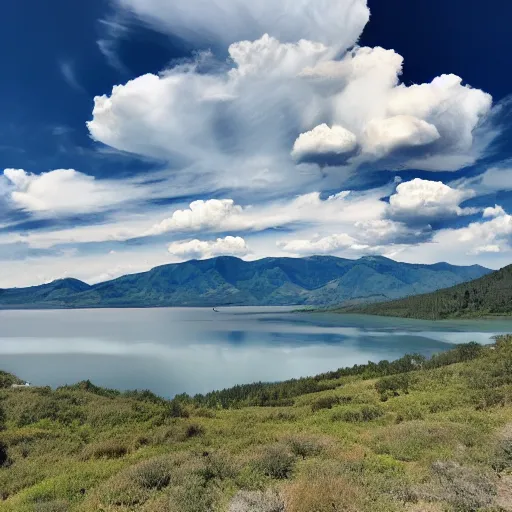 Prompt: beautiful land with trilled hills, cumulonimbus clouds, and a pristine lake, a rose ebony color scheme, old rose color scheme, tumbleweed color scheme, light salmon color scheme, macaroni and cheese color scheme