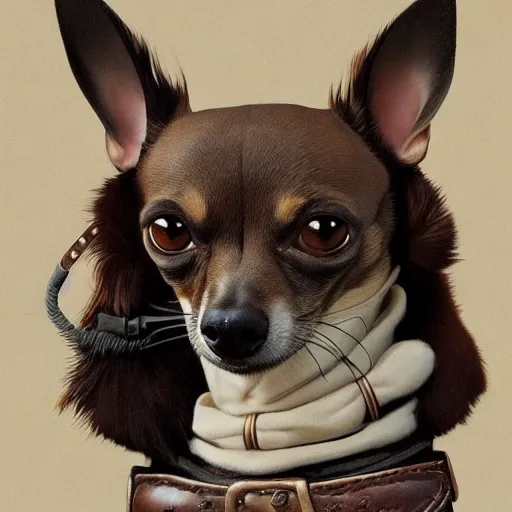 Prompt: ripped physique bone crown collar leash Man Steampunk portrait Sherlock Patrick Bateman snout Detective Anthropomorphic furry fuzzy fashion vogue Chihuahua man wearing a Chihuahua costume wearing an Executive costume gerald brom bastien grivet greg rutkowski norman rockwell portrait face head snout ears eyes illustration tombow