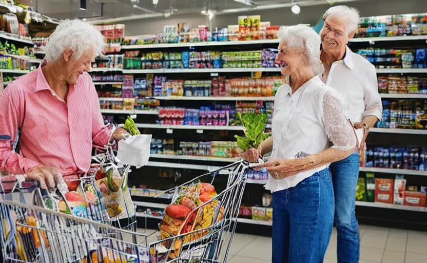 Prompt: close - up photo of old norwegian couple in a grocery shop, scanning groceries with their smartphones, holding up their smartphones, displaying qr codes, shopping carts full of groceries, long line of people in background, advertisement photo by david lachapelle