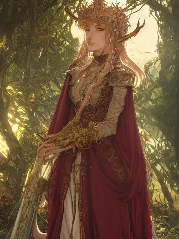 Image similar to anime key visual closeup of amora the enchantress wearing a medieval gown!! intricate, magical forest, stunning, highly detailed, digital painting, artstation, smooth, hard focus, illustration, art by artgerm and greg rutkowski and alphonse mucha