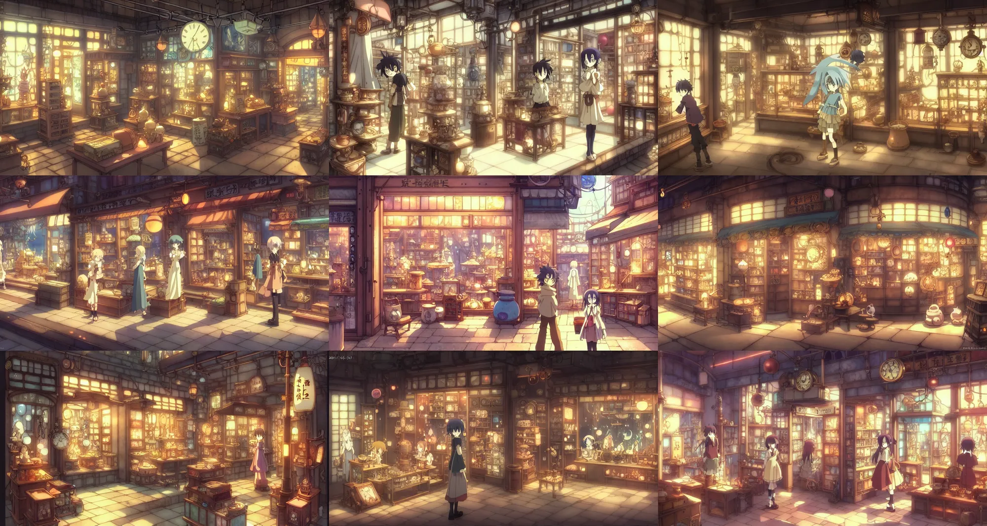 Prompt: beautiful slice of life anime scene of steampunk fantasy storefront for magic items, artifacts, scrolls, wands, happy, relaxing, calm, cozy, peaceful, by mamoru hosoda, hayao miyazaki, makoto shinkai