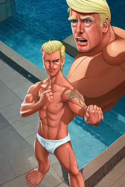 Image similar to a handsome man with blonde hair who is also a male android, ken, donald trump, muscular, wearing a cut-off white tank top and short light orange shorts, stands by a swimming pool, facing forward, in the style of artgerm and moebius and annie liebovitz, photorealistic, highly detailed