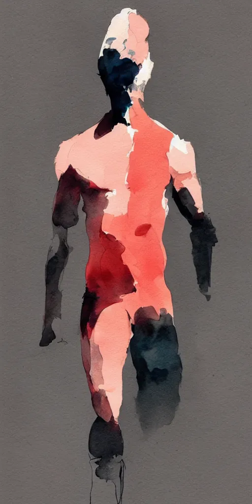 Image similar to body of one!!! athletic man posing dramatically with no face, dark background, by conrad roset, watercolor trending on artstation