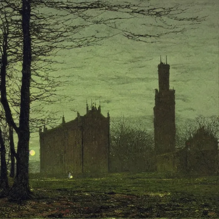 Image similar to a building in a landscape, by john atkinson grimshaw