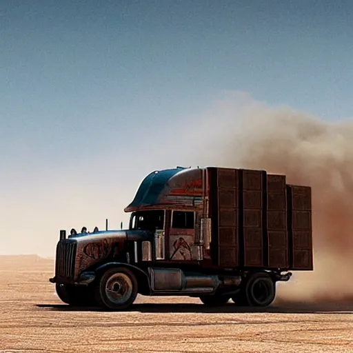 Image similar to argosy tractor trailer truck in mad max : fury road, midday light, dust storm,