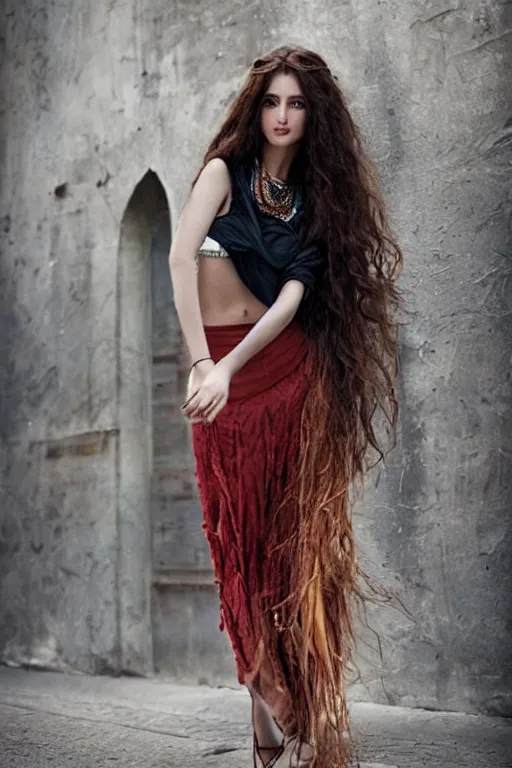 Prompt: beautiful middle eastern woman with long braided wavy black hair, wearing a skirt and tank top, autumn street, in the style of Anna Dittman, fashion photography