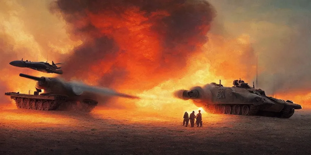 Image similar to normandy!!!!!, fire, ( ( painting ) ) by jessica rossier and ivan shishkin, d - day, airplanes bombing the beach, ultra realistic!!!, 1 9 4 5, ray tracing, destroyed tanks, chaos!!!, the landings, smoke, soldiers charging in, cinematic, wide shot, sunset, sadness, highly detailed