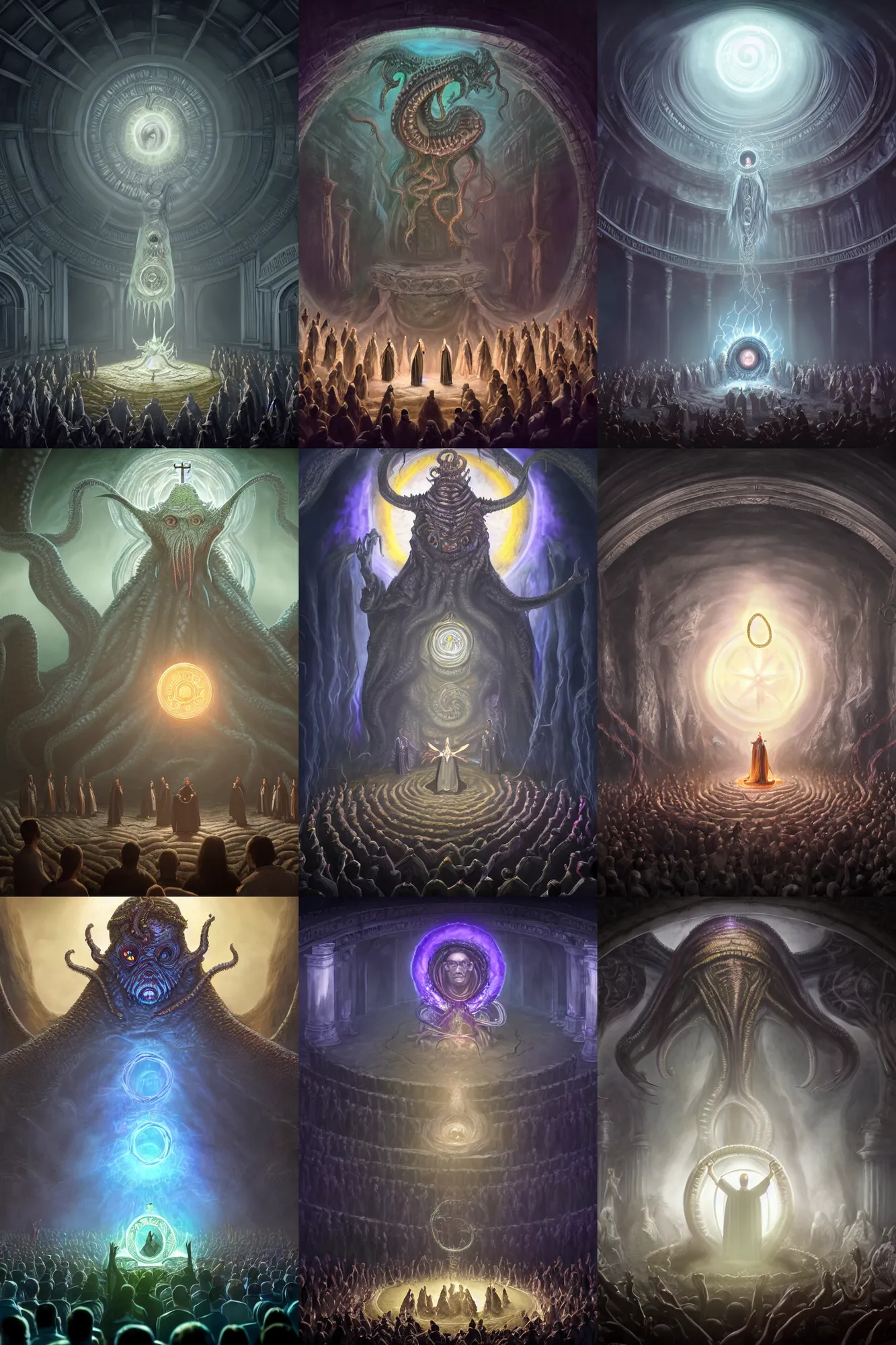 Prompt: center view of a group of priest in circle invoking an hyper realistic lovecraft creature portrait in a huge ritual portal, 4 k, fantasy art, glamorous composition, wide - angle shot, cinematography lighting, volumetric fog, vivid colors, magical realism, realistic