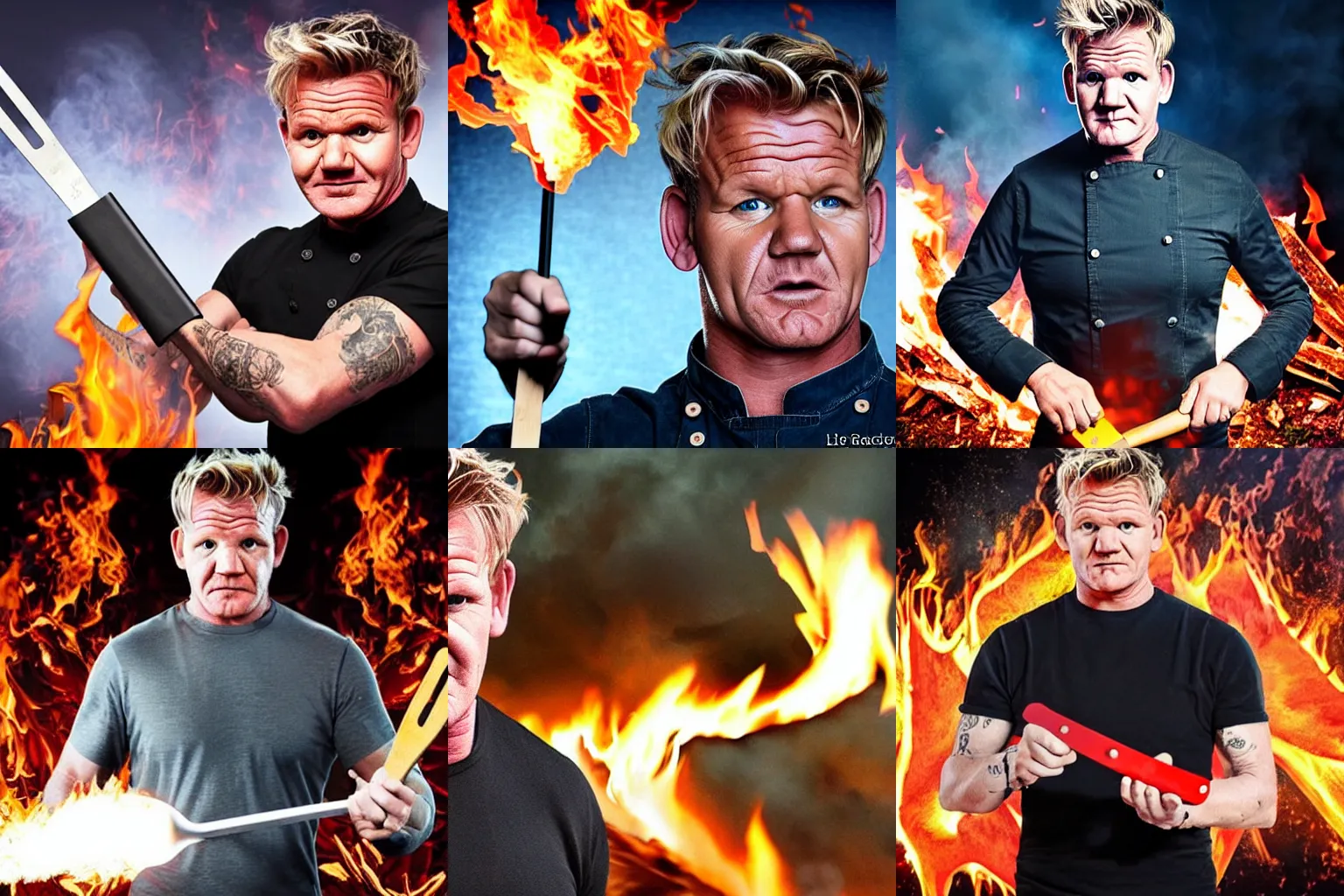 Prompt: epic photo of Gordon Ramsay with a background of fire, holding a spatula ready to cook