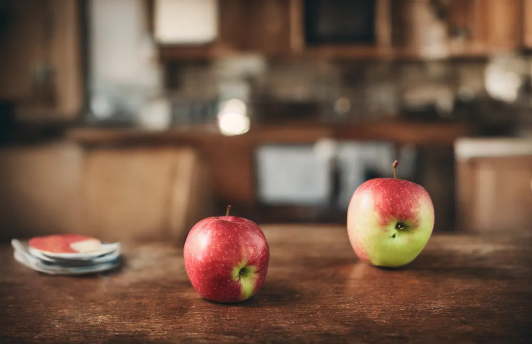 Image similar to an apple is sitting on the table of a 1 9 5 0 s era kitchen, sigma lens, strong bokeh, photography, highly detailed, 8 5 mm, f / 1. 3, dramatic lighting, 4 k
