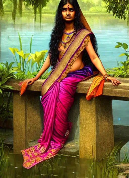 Prompt: a young indian lady wearing a sari relaxing by a pond, wet, shiny, fantasy, intricate, elegant, hyper detailed, ultra definition, photoreal, artstation, unreal engine rendered, concept art, smooth, sharp focus, illustration, art by artgerm and greg rutkowski and alphonse mucha and garis edelweiss
