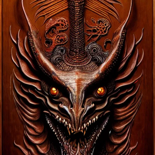 Image similar to a chthonic dragon head art by Daniel Dos Santos, Beksinski, Giger, intricate colourfully painted carved wood paneling, dark souls, ivory and copper , artstation