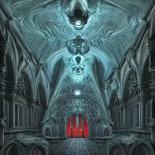 Image similar to Photorealistic demonic palace in the style of Michael Whelan and Gustave Dore. Hyperdetailed photorealism, 108 megapixels, amazing depth, glowing rich colors, powerful imagery, psychedelic Overtones, 3D finalrender, 3d shading, cinematic lighting, artstation concept art