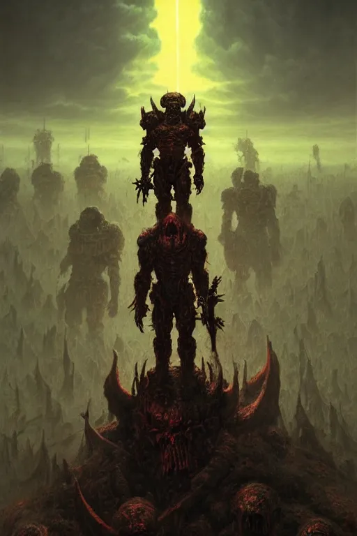 Image similar to portrait of doom slayer wearing his armor standing on top of a pile of demon corpses, heroic pose, by Zdzislaw Beksinski, id software, gothic, amazing details, volumetric lighting, 8k, cold hue's, warm tone gradient background