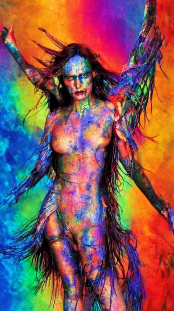 Image similar to the most beautiful supermodel girl burning with unseen colors, photo pic taken by gammell + giger + mcfarlane + del toro + divine god + after life+ realistic delights, rainbow colors drip