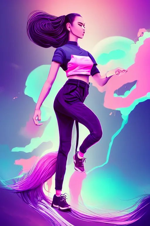 Image similar to a award winning half body porttrait of a beautiful woman in a croptop and cargo pants with ombre purple pink teal hairstyle with head in motion and hair flying, outrun, vaporware, shaded flat illustration, digital art, trending on artstation, highly detailed, fine detail, intricate