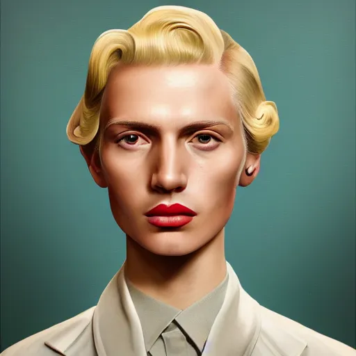 Image similar to A Hearts of Iron IV portrait of a blond young Spanish fashion designer with high cheekbones. Good bone structure. Dressed in 1940s style. Highly detailed, fine Art, high detail, great lighting, 8k resolution, masterpiece, concept art, illustration, clear eyes, painting oil on canvas, octane render, HDR, trending on artstation, 4k, 8k, HD