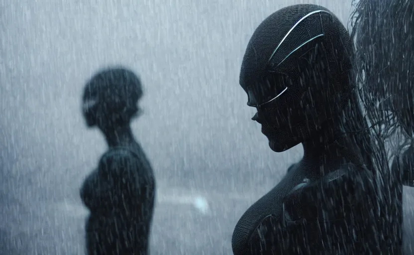 Prompt: cinestill 5 0 d candid photographic portrait by christopher nolan of two loving female androids wearing rugged black mesh techwear in treacherous waters, extreme closeup, modern cyberpunk moody emotional cinematic, pouring rain menacing alien ship lights, 8 k, hd, high resolution, 3 5 mm, f / 3 2, ultra realistic faces, ex machina