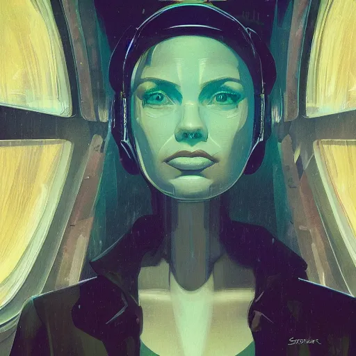 Prompt: detailed face of a woman, clockwork, moment, tectonic sky, skydome, bullet train, turbines, utopian, tech noir, wet reflections, prism, atmospheric, ambient, pj crook, syd mead, emma uber, greg rutkowski, edward hopper