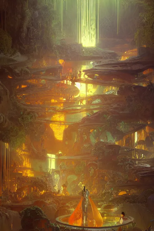 Image similar to Concept Digital Art Highly detailed Alien Art Deco Cybertron lazy river inside of the Pits of Kaon with glowing orange water at midnight by greg rutkowski, Ilya repin, alphonse mucha, and Edmund Blair Leighton. Very highly detailed 8K, octane, Digital painting, the golden ratio, rational painting, sharp