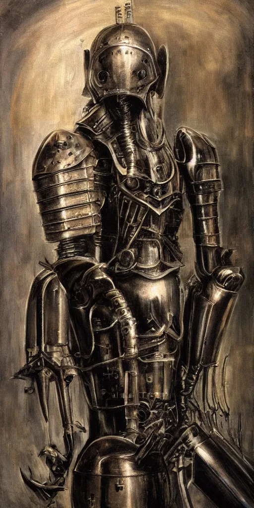 Prompt: a sinister loose brushwork photograph of a dieselpunk knight by h. r giger in the style of renaissance art, 8 k