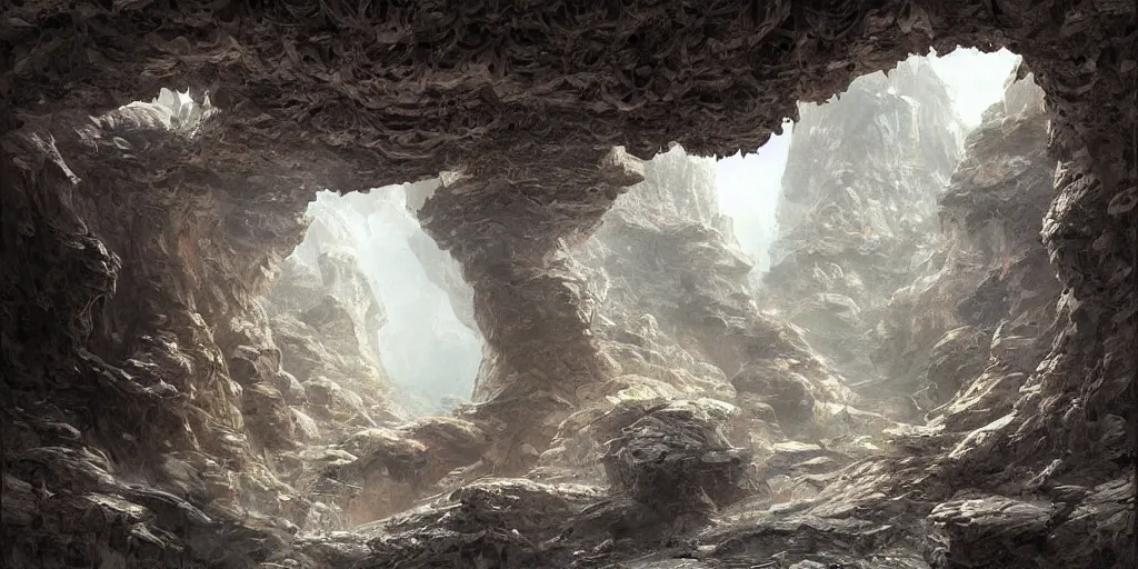 Image similar to highly detailed cave entrance in a scifi landscape by feng zhu, perfect geometry, hyper - detailed, sharp, beautiful, desaturated, beautiful lighting, oil on canvas