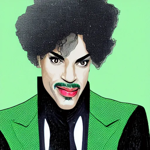 Image similar to an illustration of prince as two face. half his face is white with green hair.