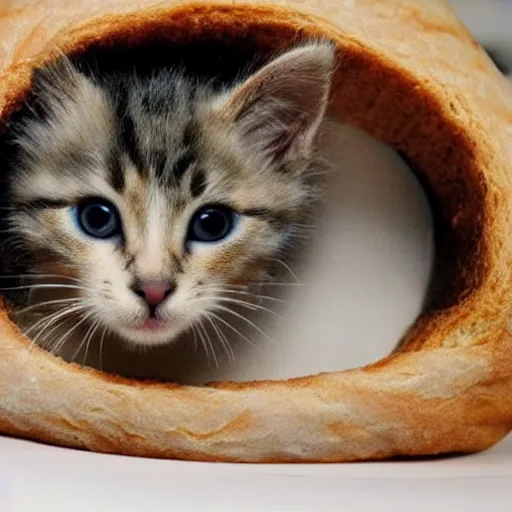 Image similar to kitten living inside a bread, hyper detailed